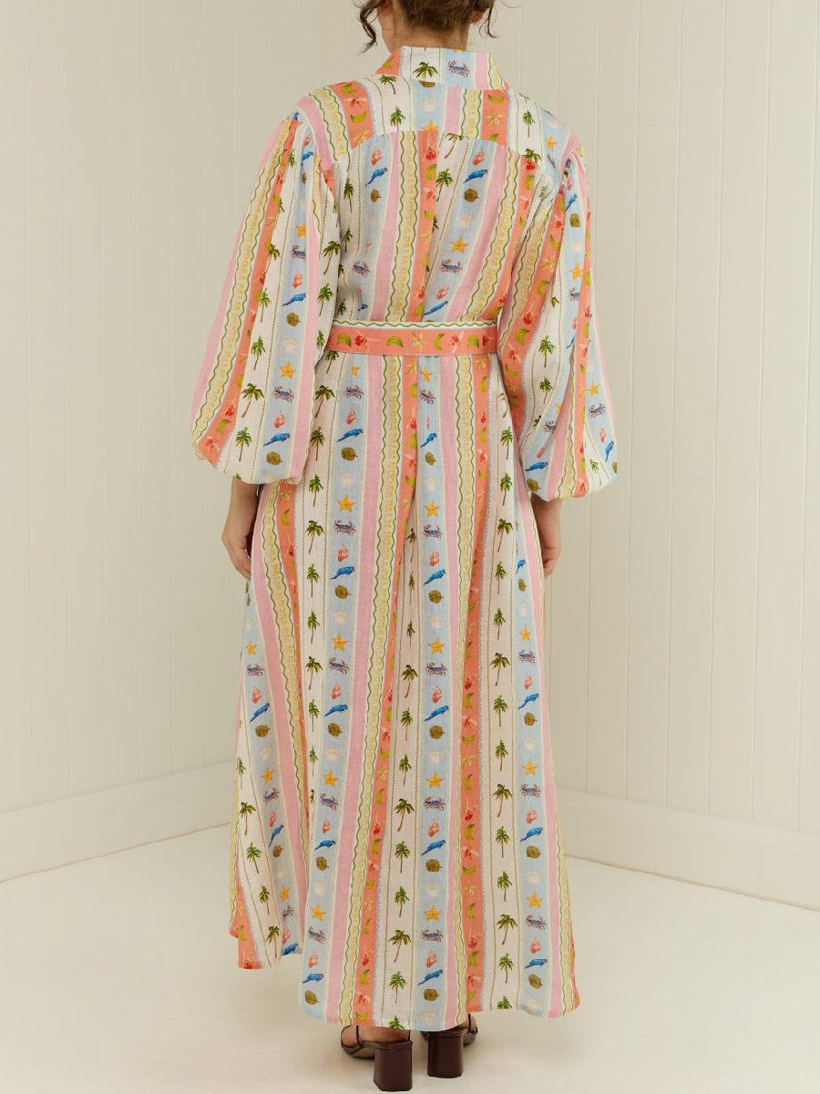 Tropical Stripe Print Linen Shirt Dress
