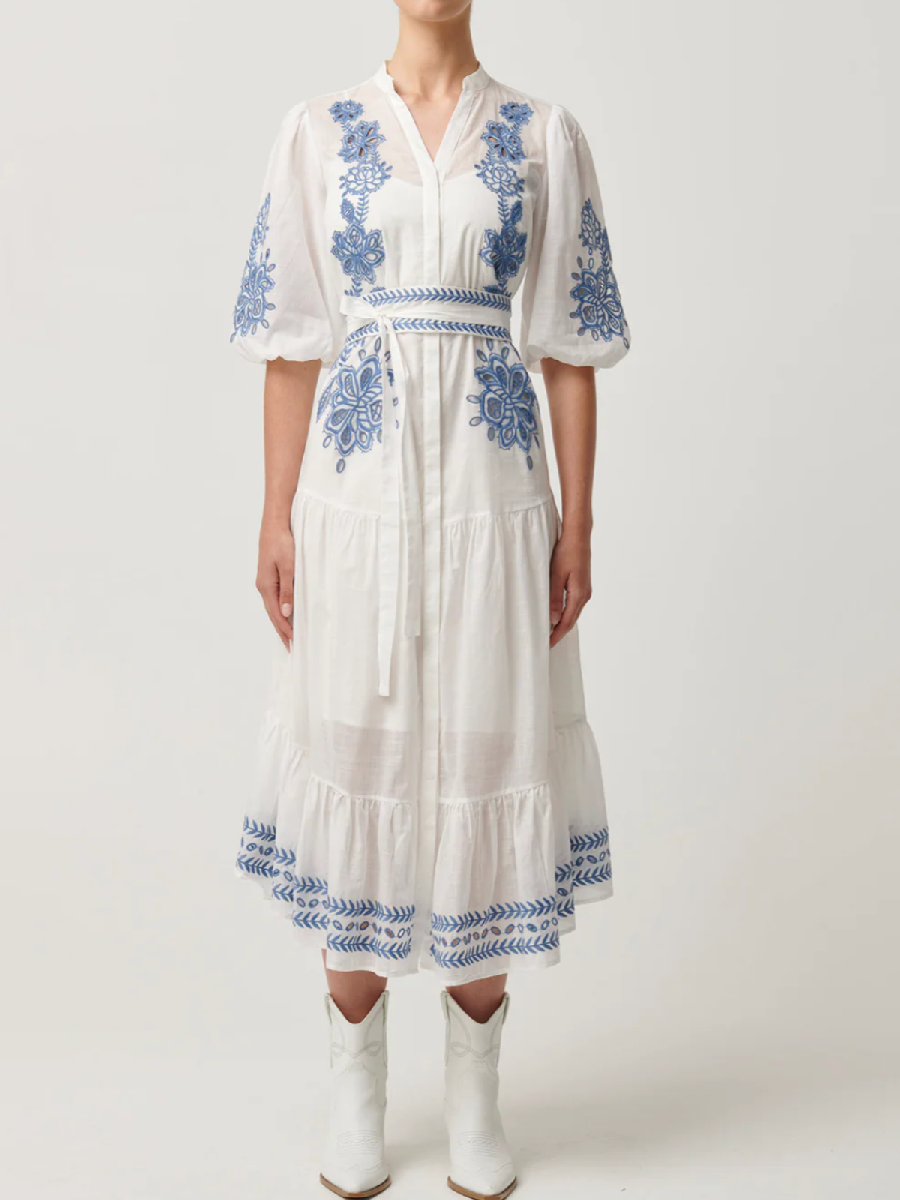 Embroidered Cotton Long-sleeved Dress