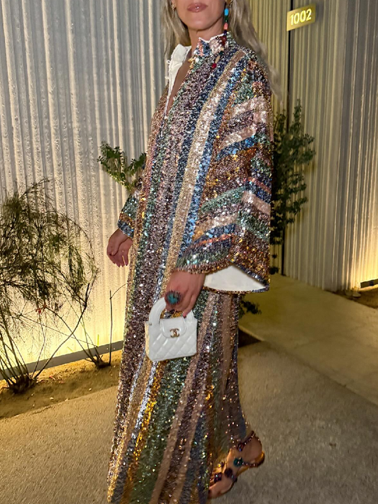 Golden Peach Sequin Stripe Dress