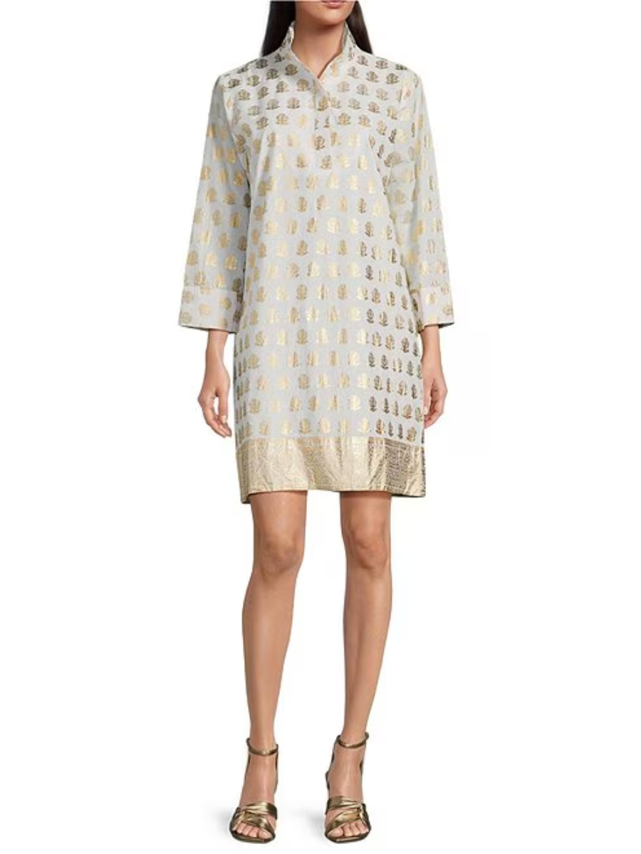 Foiled Foulard Border Print Stand Collar Dress
