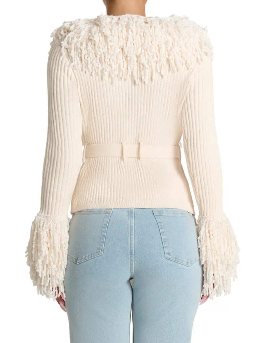 Fringe Tie Waist Deep V Neck Cardigan