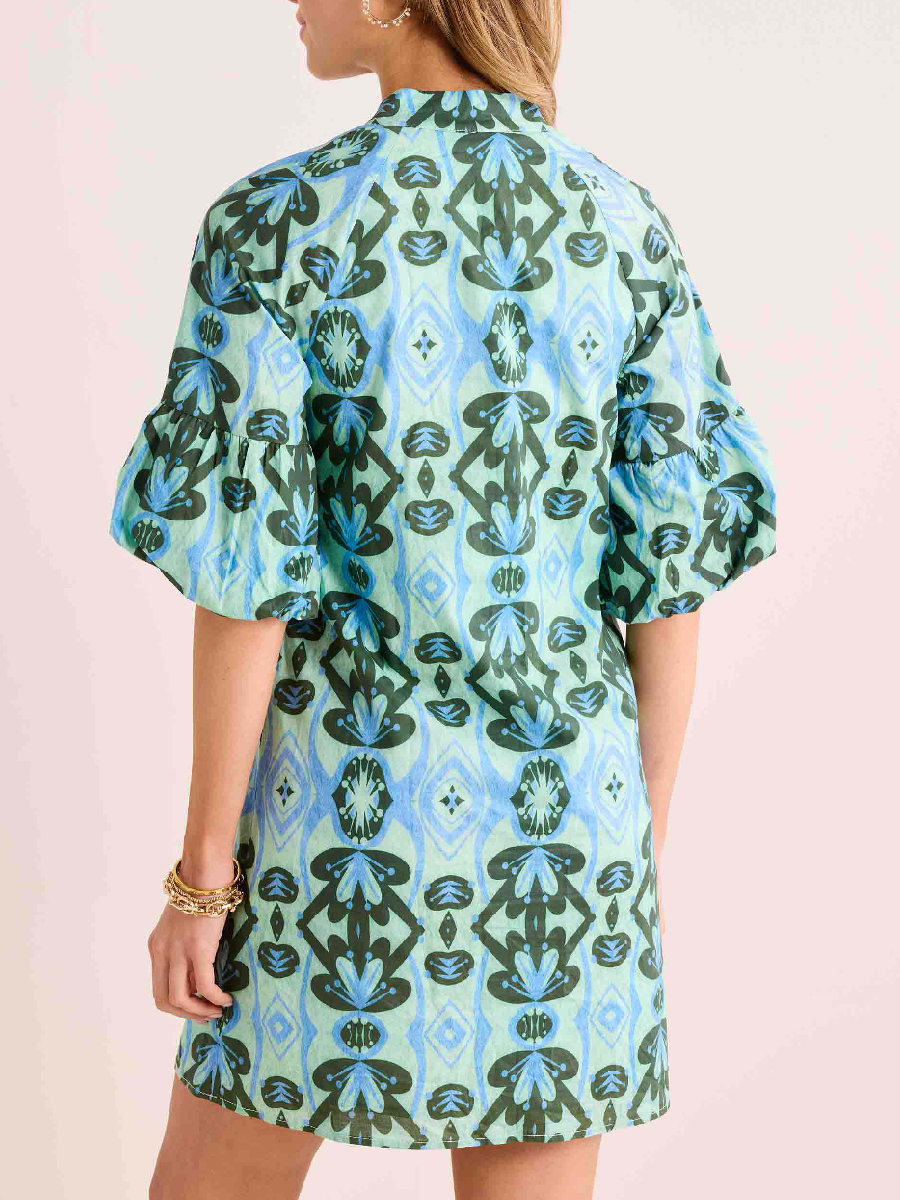 V-neck Printed Puff Sleeve Dress