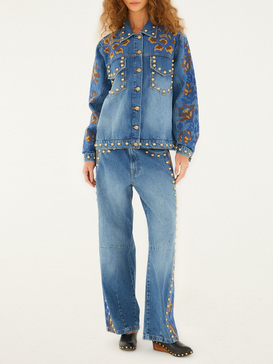 Denim Metal Details Embroidered Jacket and Pants