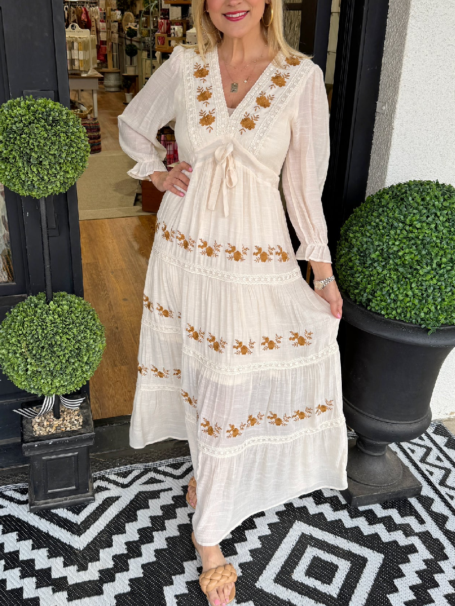 V-neck Cotton Cream Dress