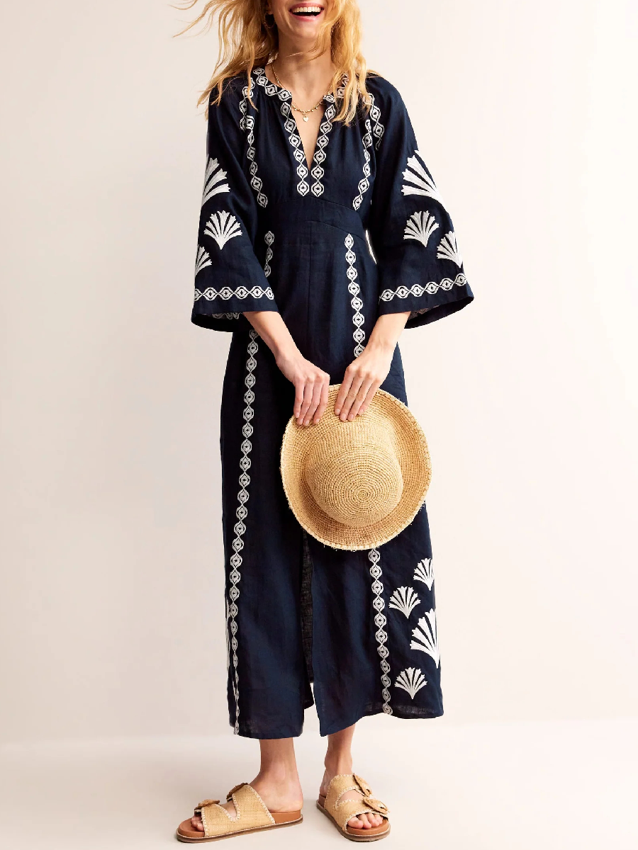 Cotton Linen V Neck Dress
