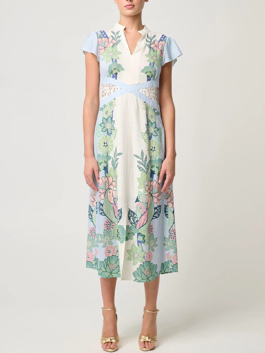 Linen Print Flowy Long Sleeve Dress