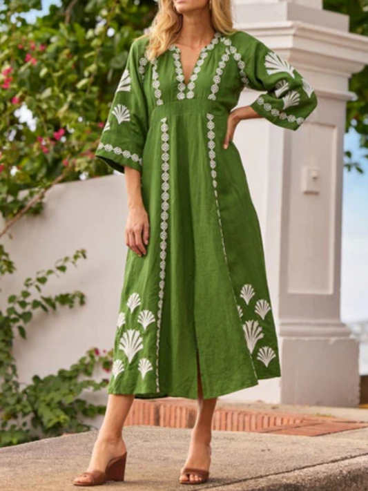 Cotton Linen V Neck Dress