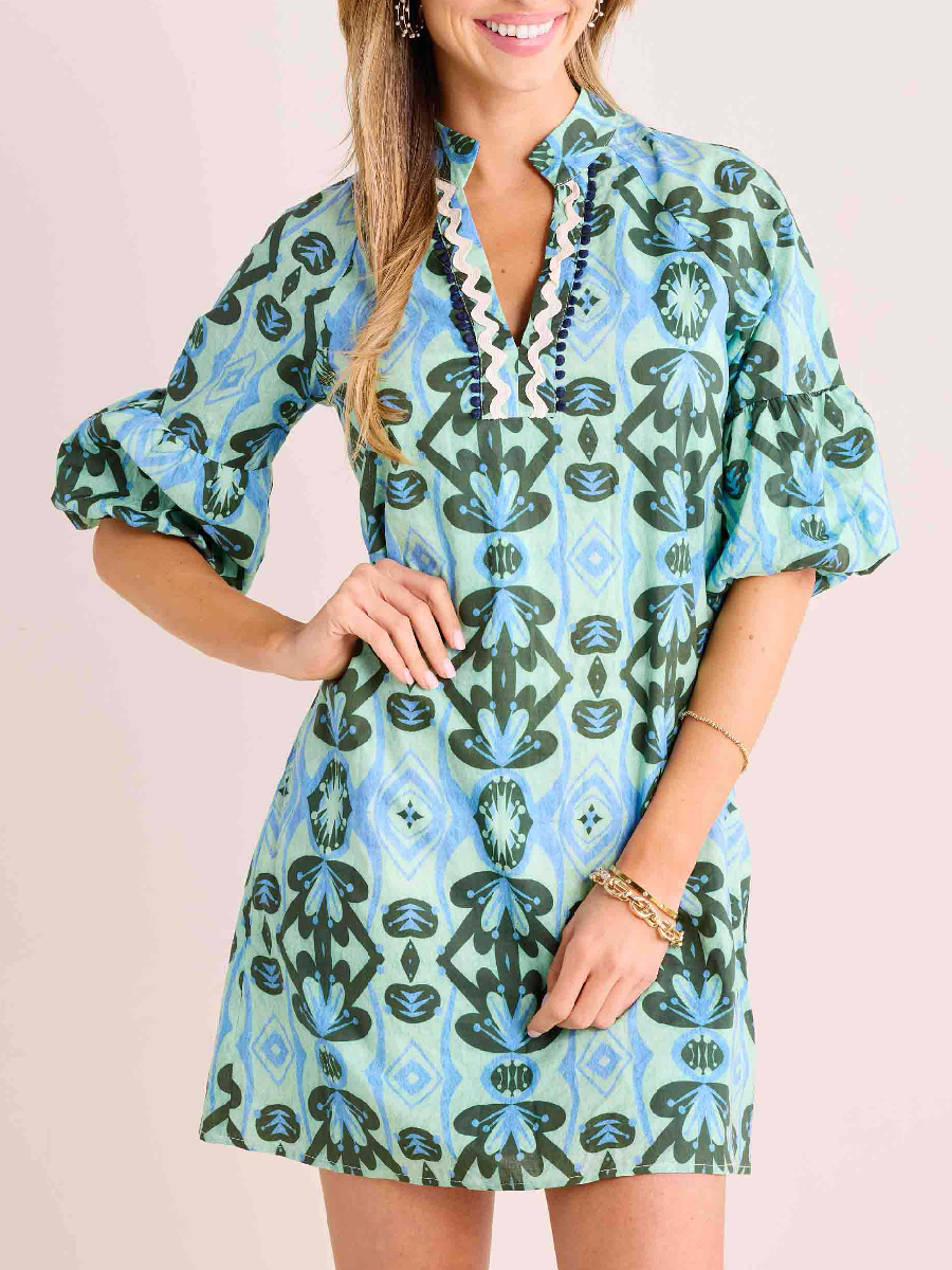 V-neck Printed Puff Sleeve Dress