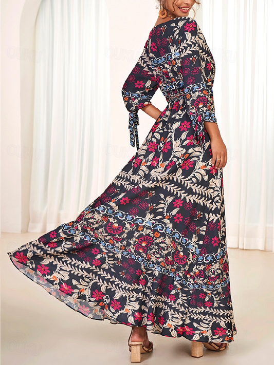 Floral Belted Front Slit Bohemian Dress