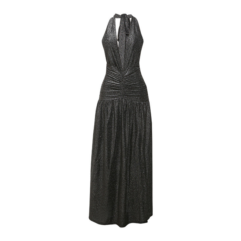 Sexy halterneck backless pleated slit dress