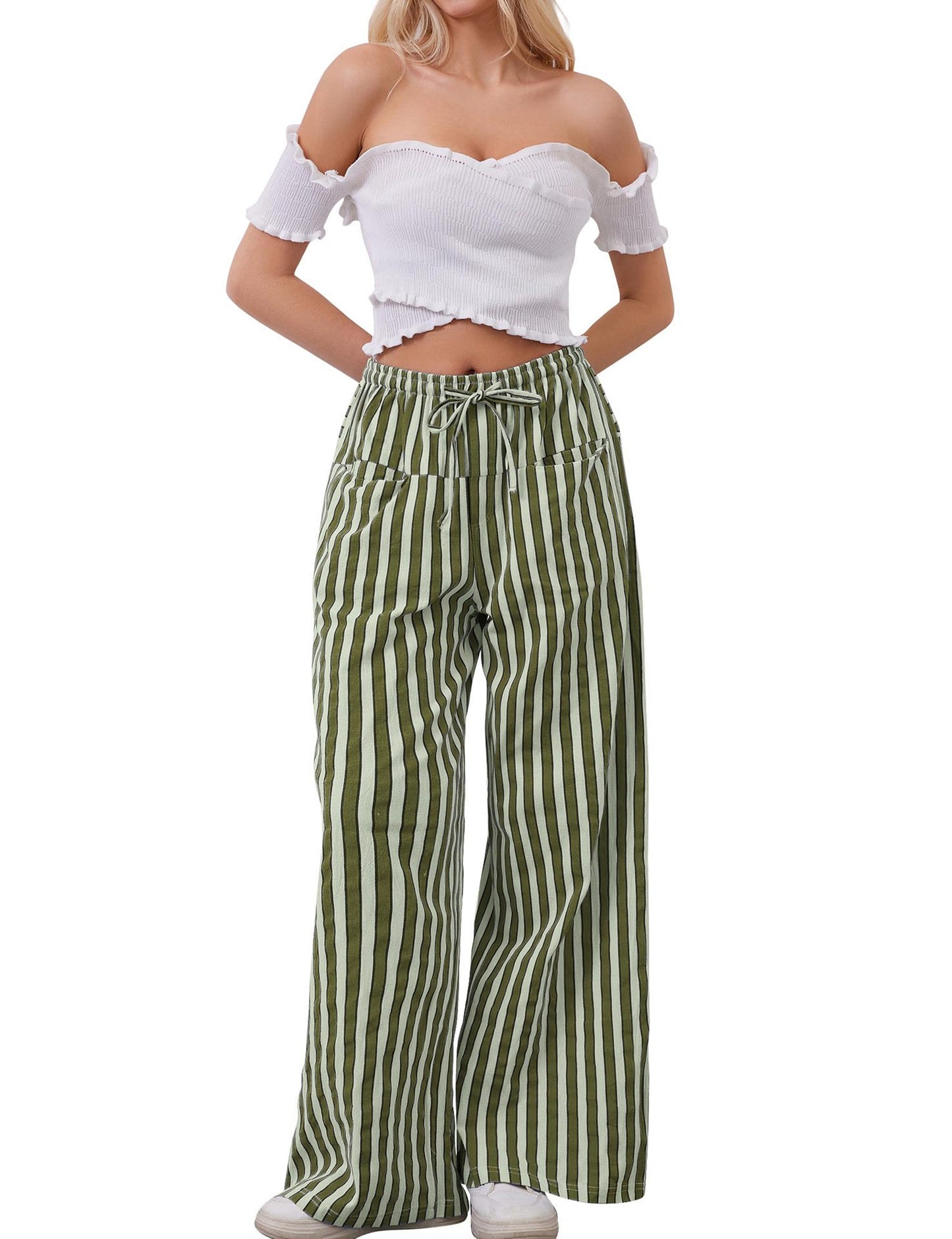 Women's Drawstring Striped Casual Pants