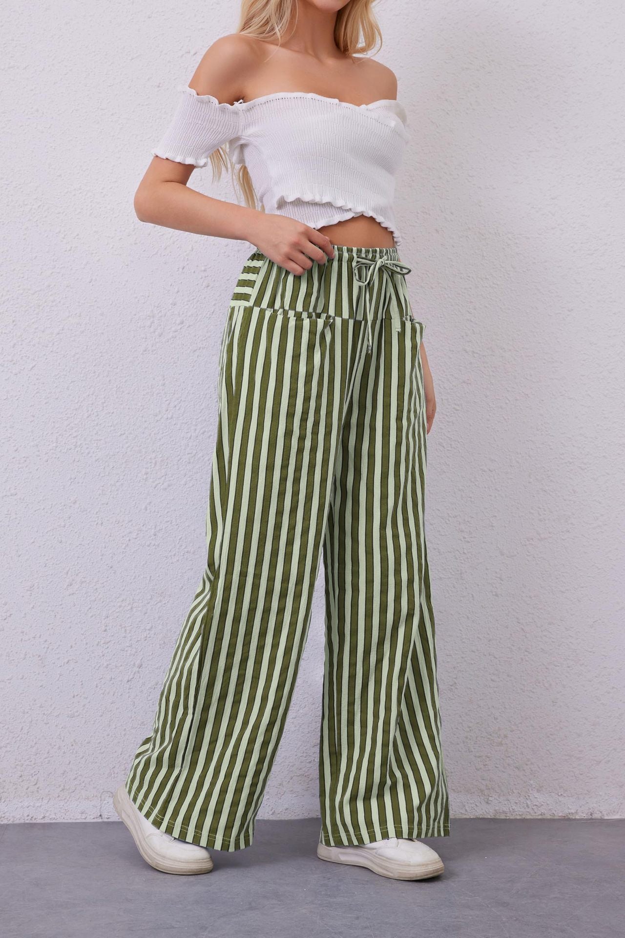 Women's Drawstring Striped Casual Pants
