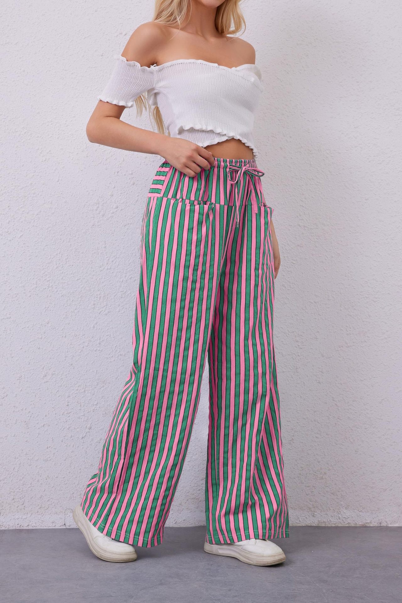 Women's Drawstring Striped Casual Pants