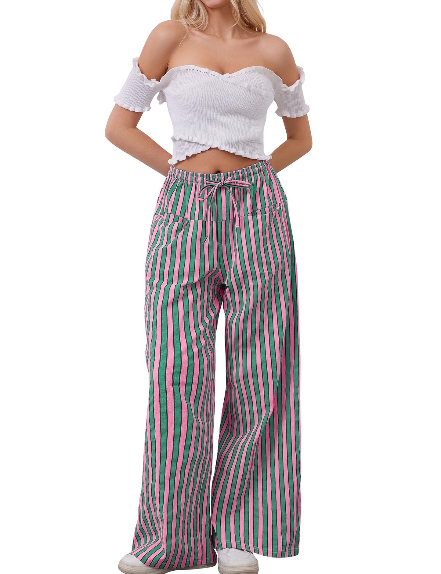 Women's Drawstring Striped Casual Pants