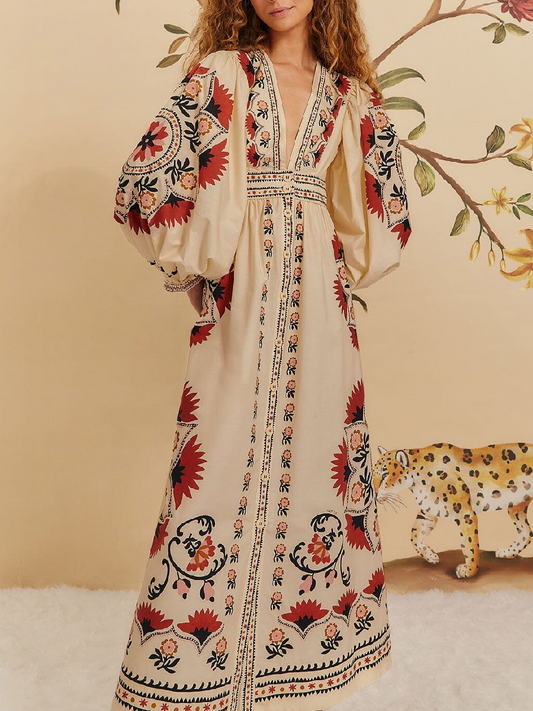 Cream Cashew Mandala Maxi Dress