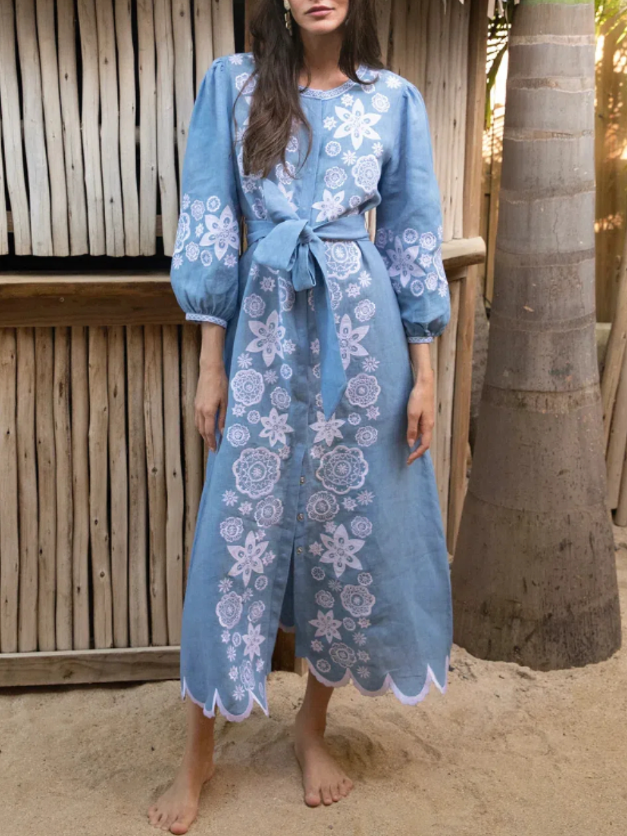 Elegant Linen Embroidered Dress
