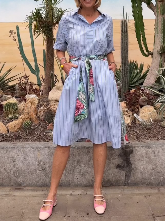 Striped Colorful Leaf Print Shirt Dress