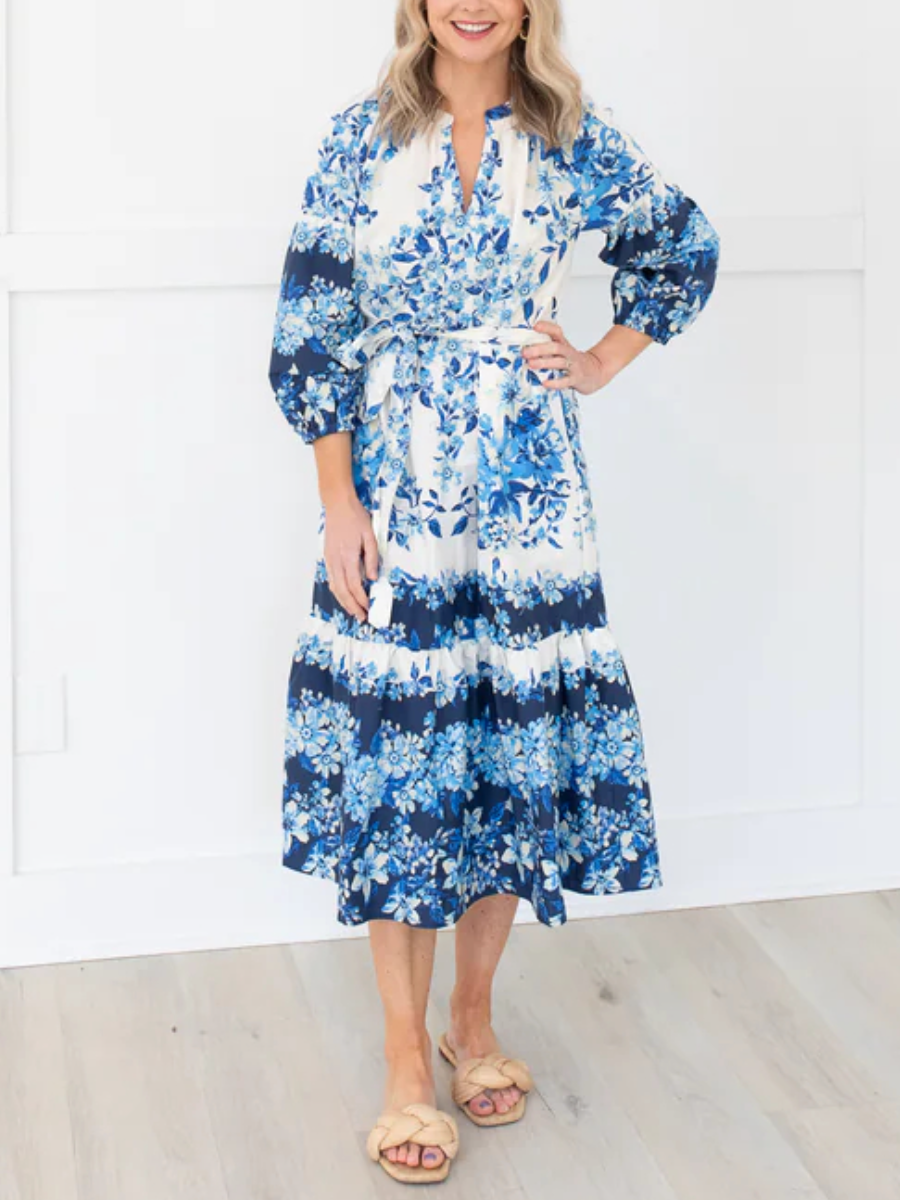 Blue and White Floral Waist Tie Midi Dress