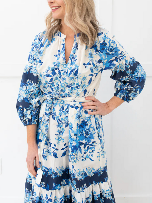 Blue and White Floral Waist Tie Midi Dress