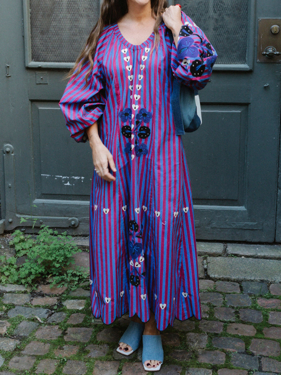 Cotton Stripes V Neck Loose Maxi Dress