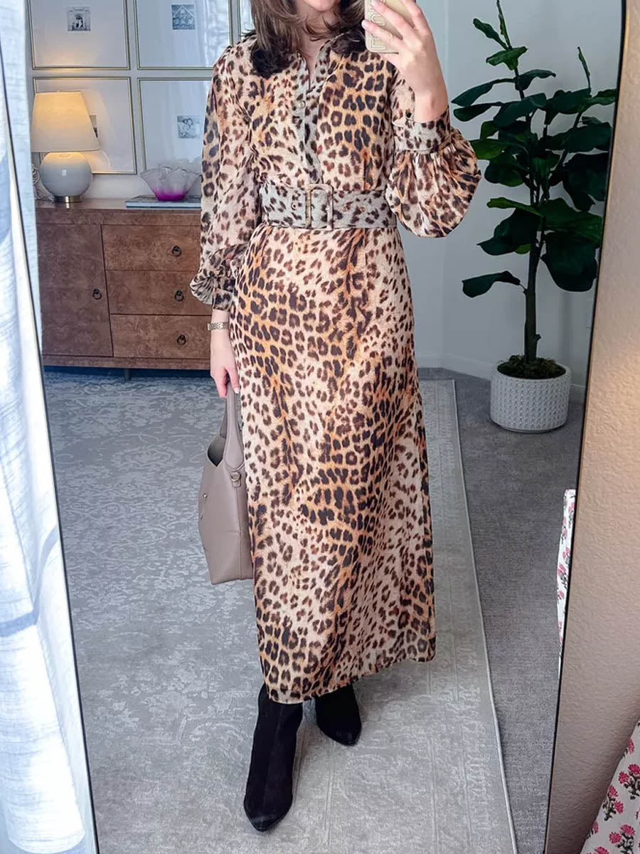 Belted Leopard Woven Shirt Dress