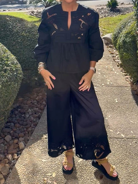 Hollow Elastic Waistband Two Pieces Set