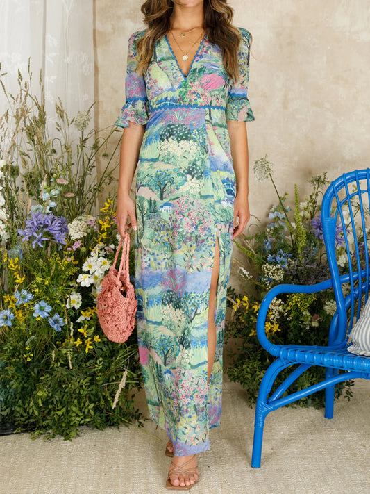 Open Back Printed V Neck Maxi Dress