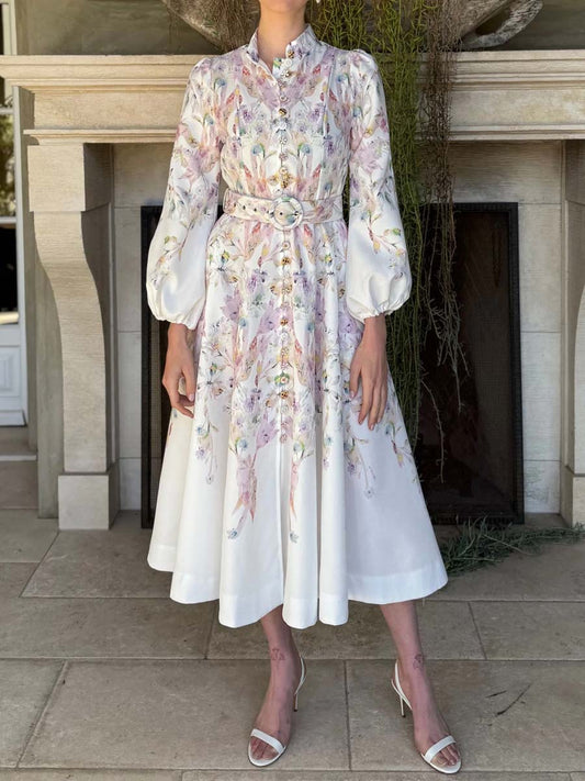 Single-breasted Placement Print Belted Dress