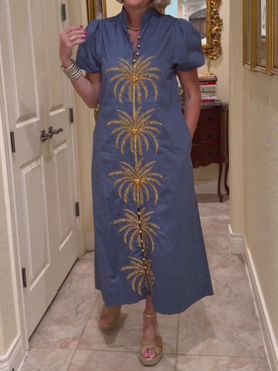 Gold/Blue Embroidery Puff Sleeve Midi Dress