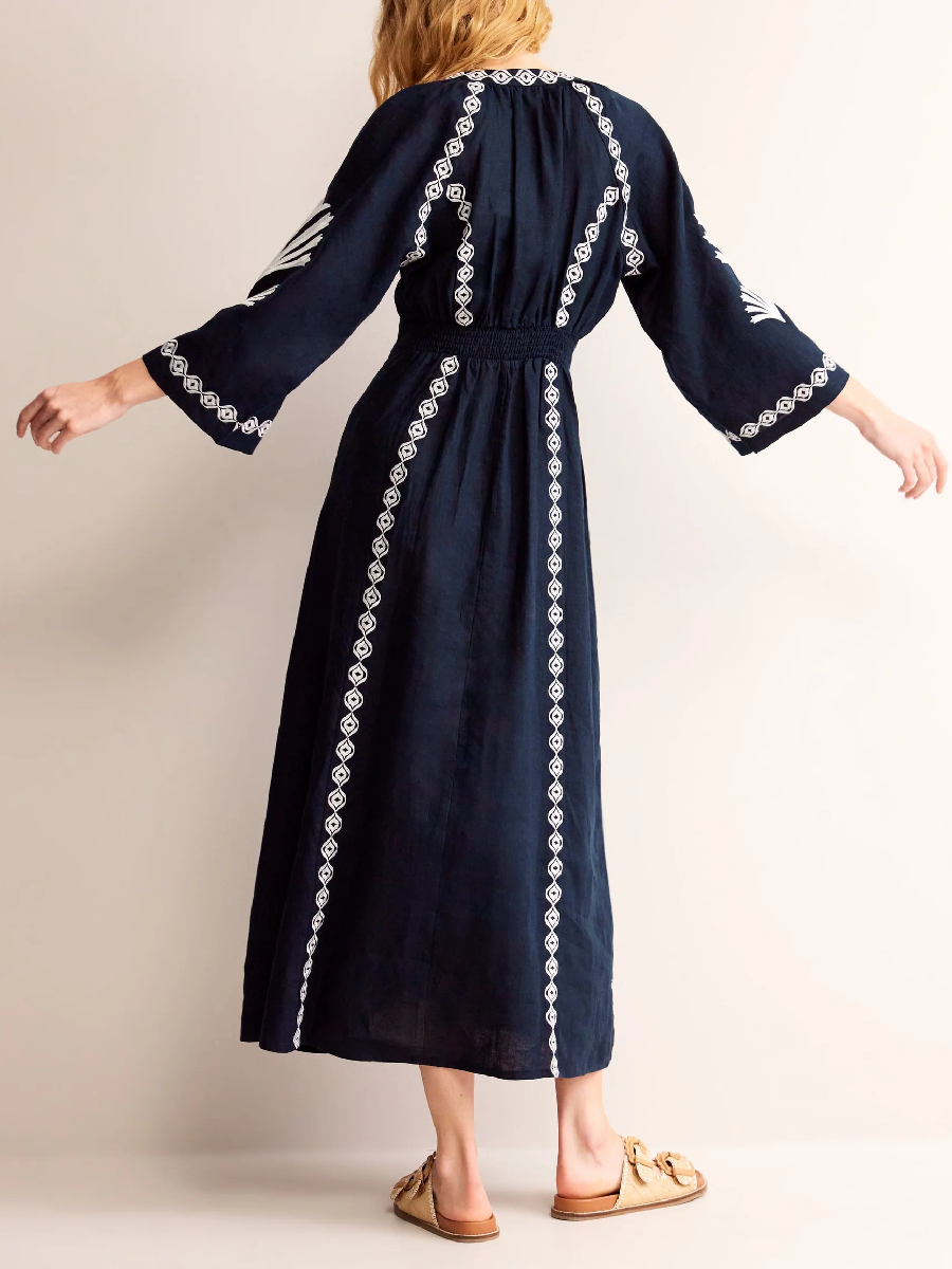 Cotton Linen V Neck Dress