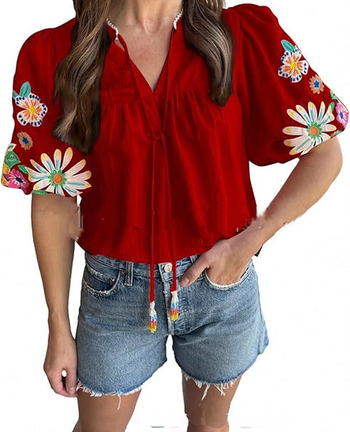 Adorable Embroidered Lantern Sleeve Top