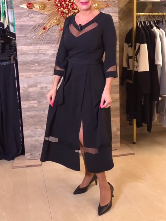 Long Sleeve V Neck Mesh Dress