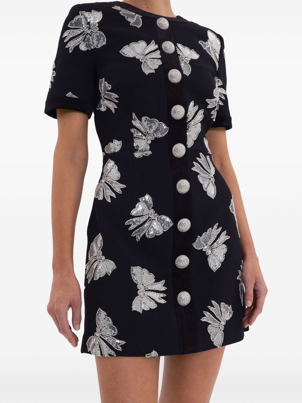 Patterned Jacquard Crystal Buttons Mini Dress