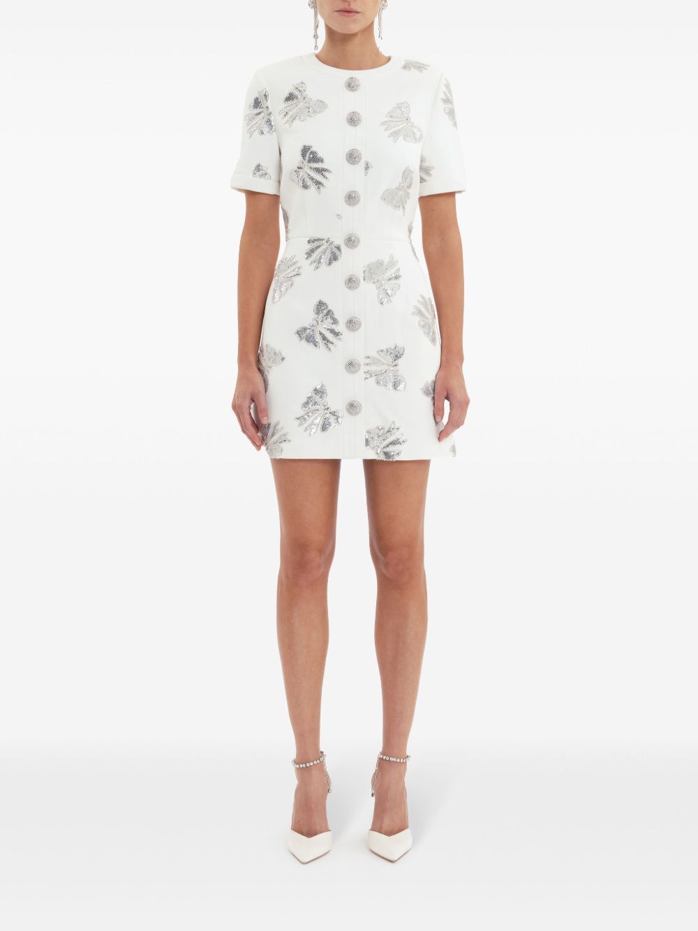 Patterned Jacquard Crystal Buttons Mini Dress