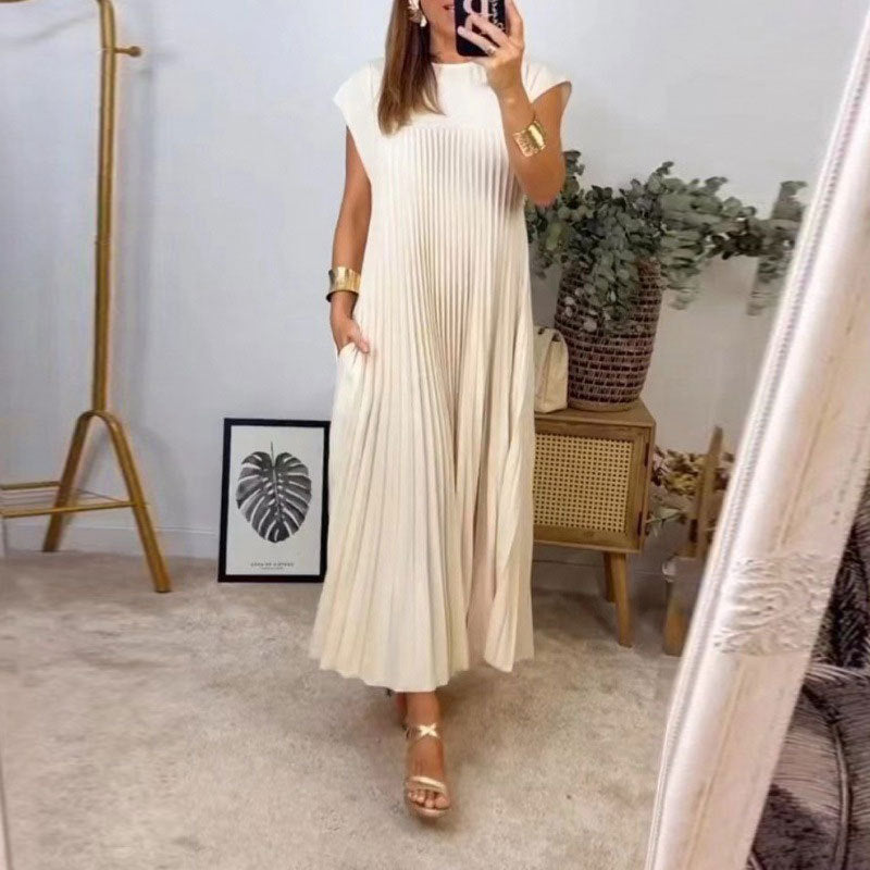 Fashion Round Neck Pleated Dress