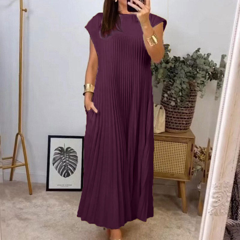 Fashion Round Neck Pleated Dress