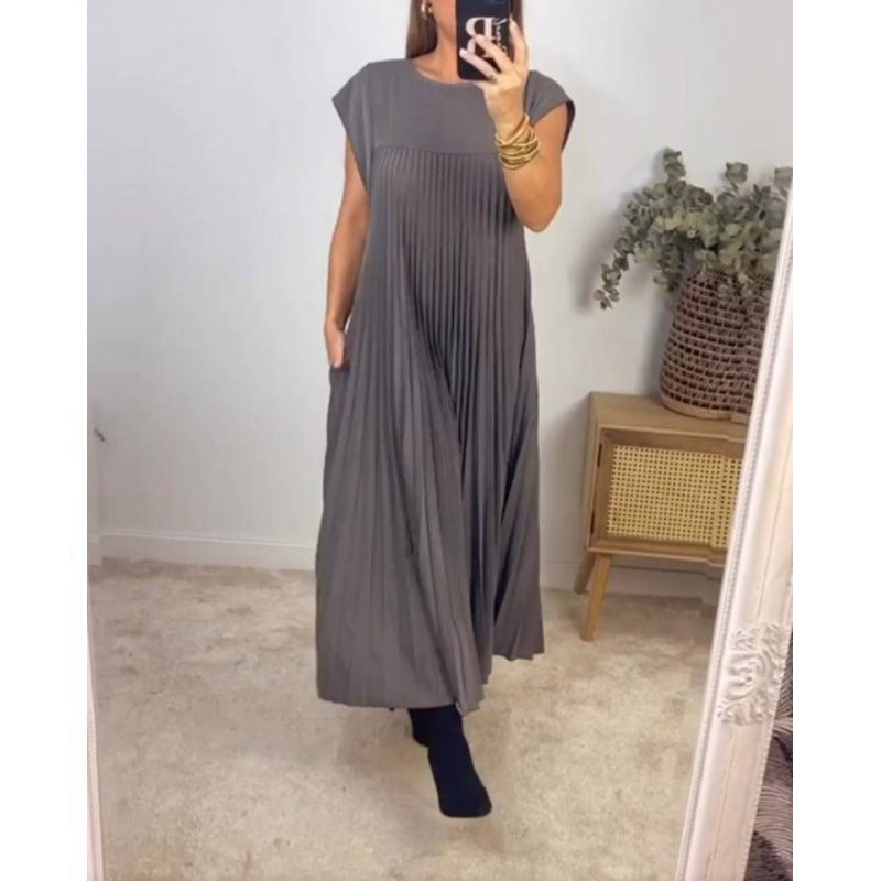 Fashion Round Neck Pleated Dress