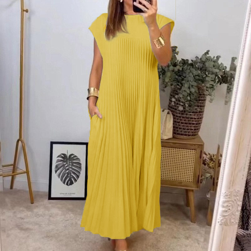 Fashion Round Neck Pleated Dress