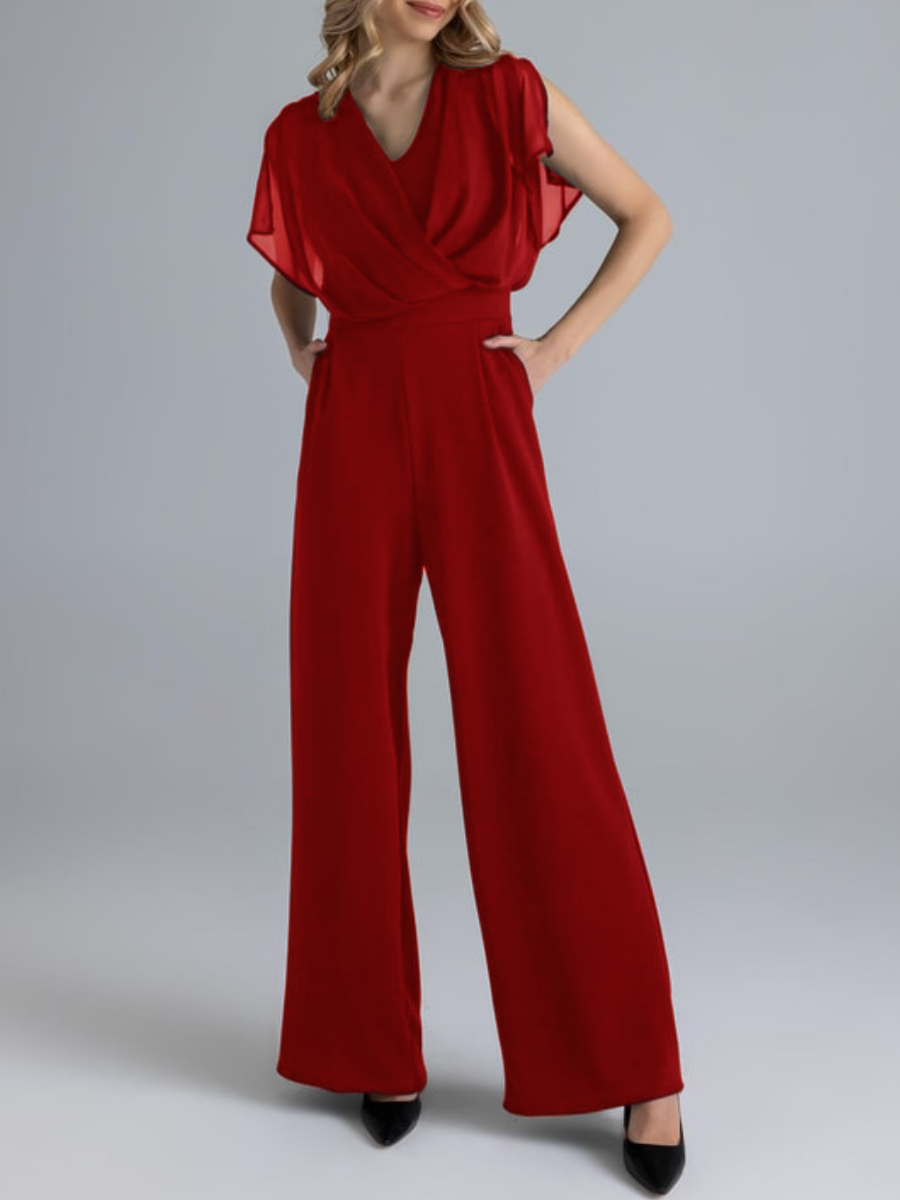 Chiffon V-neck Pleated Jumpsuit