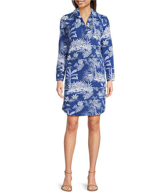 Printed Split V-Neck Long Sleeve Dress