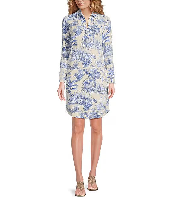 Printed Split V-Neck Long Sleeve Dress