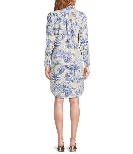 Printed Split V-Neck Long Sleeve Dress