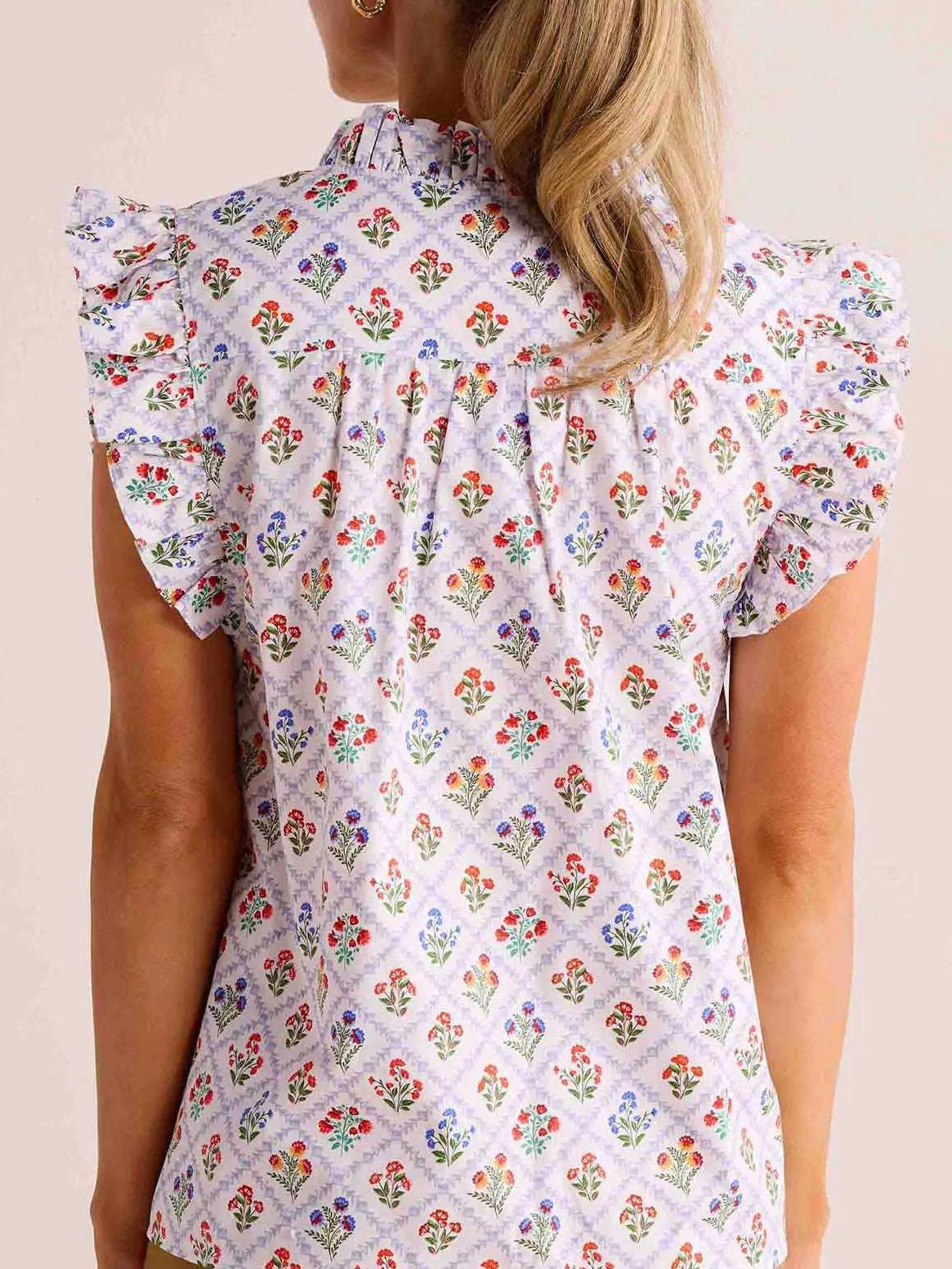 Ruffle Collar Flower Print Top