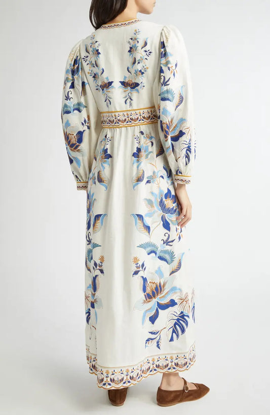 Blue Lotus Placed Print Long Sleeve Linen Blend Dress