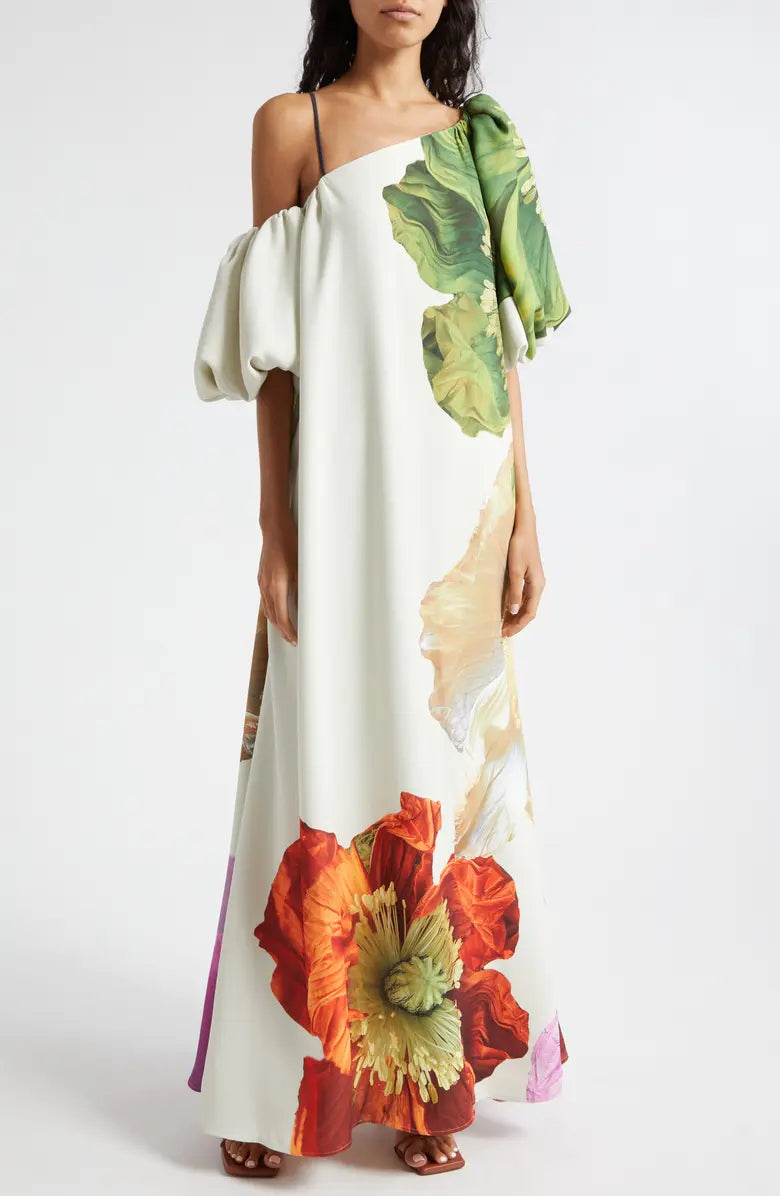 Floral Asymmetric Neck Maxi Dress