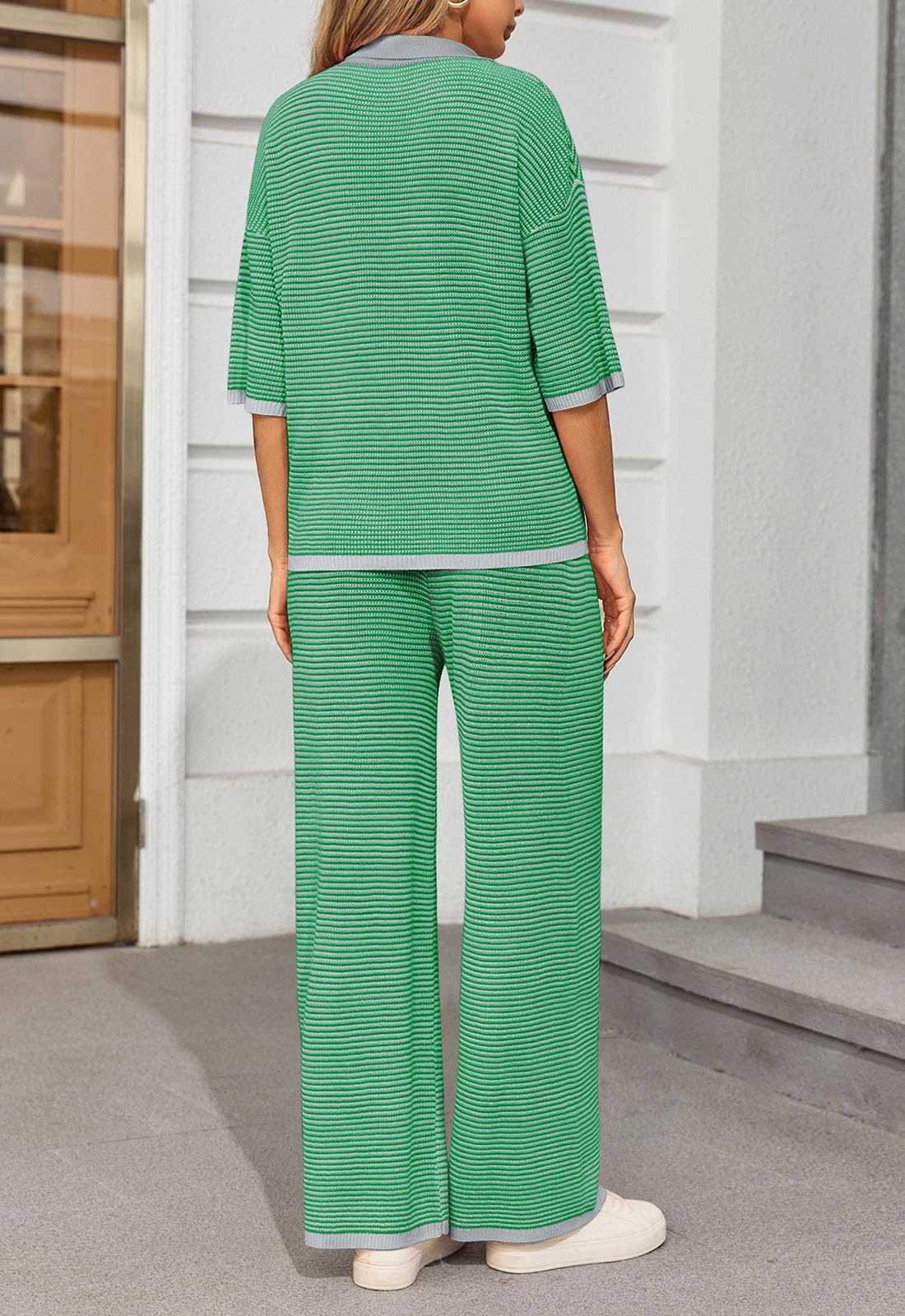 Striped Knit Tops Wide Leg Pants Sets