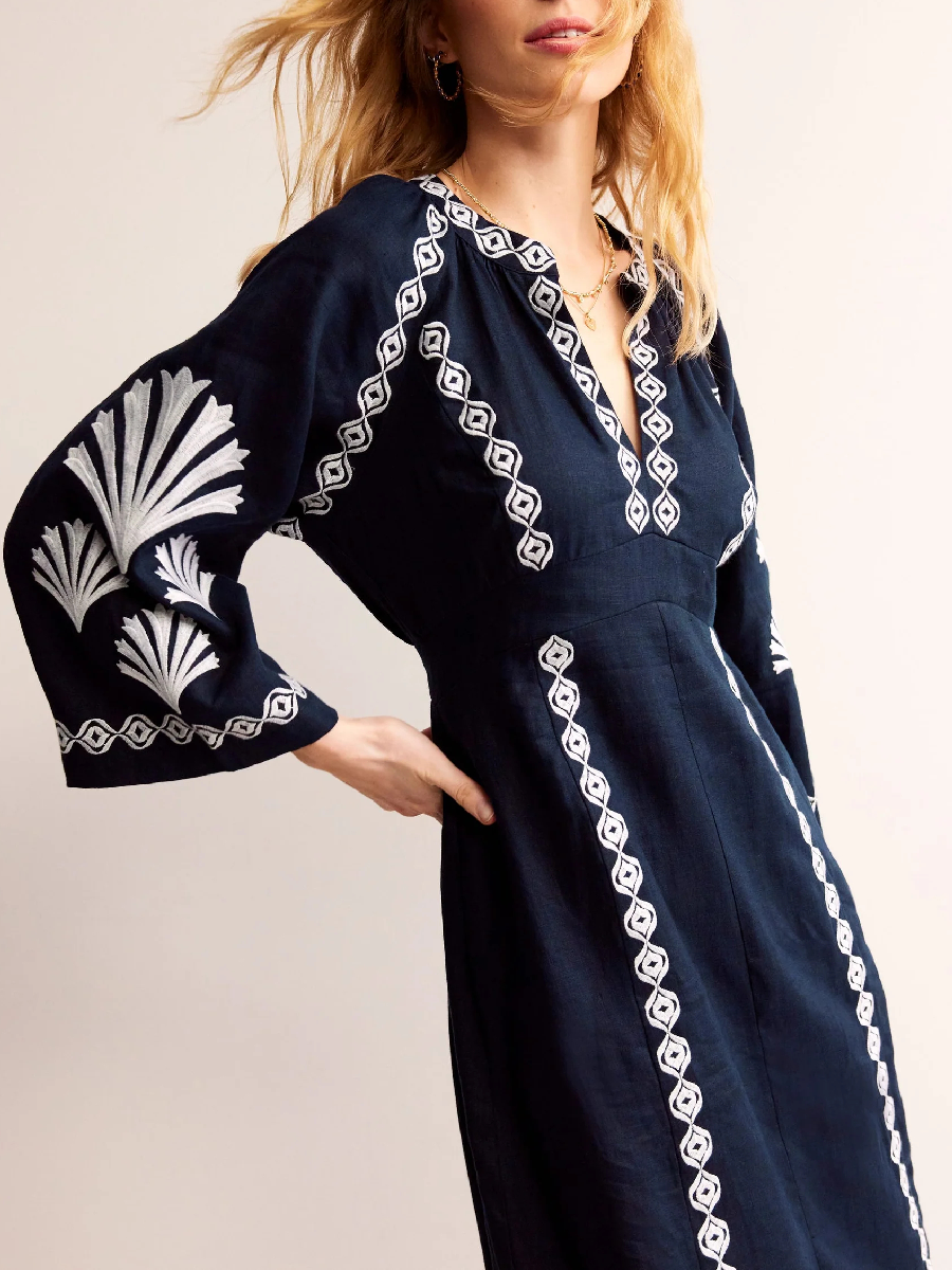 Cotton Linen V Neck Dress