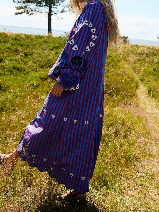 Cotton Stripes V Neck Loose Maxi Dress