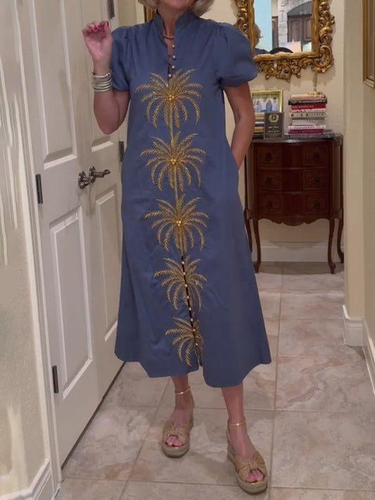 Gold/Blue Embroidery Puff Sleeve Midi Dress