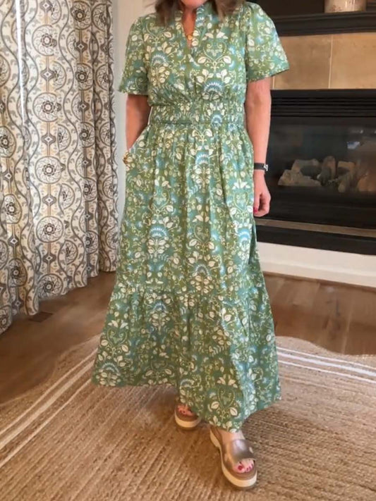 Split Neck Smocked Waist Printed Dress